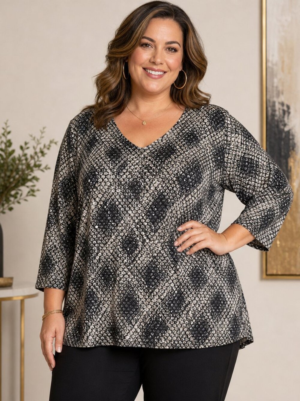 Brittany Black. Size 3X  Tan  & Black Abstract Scoop-Neck Tunic